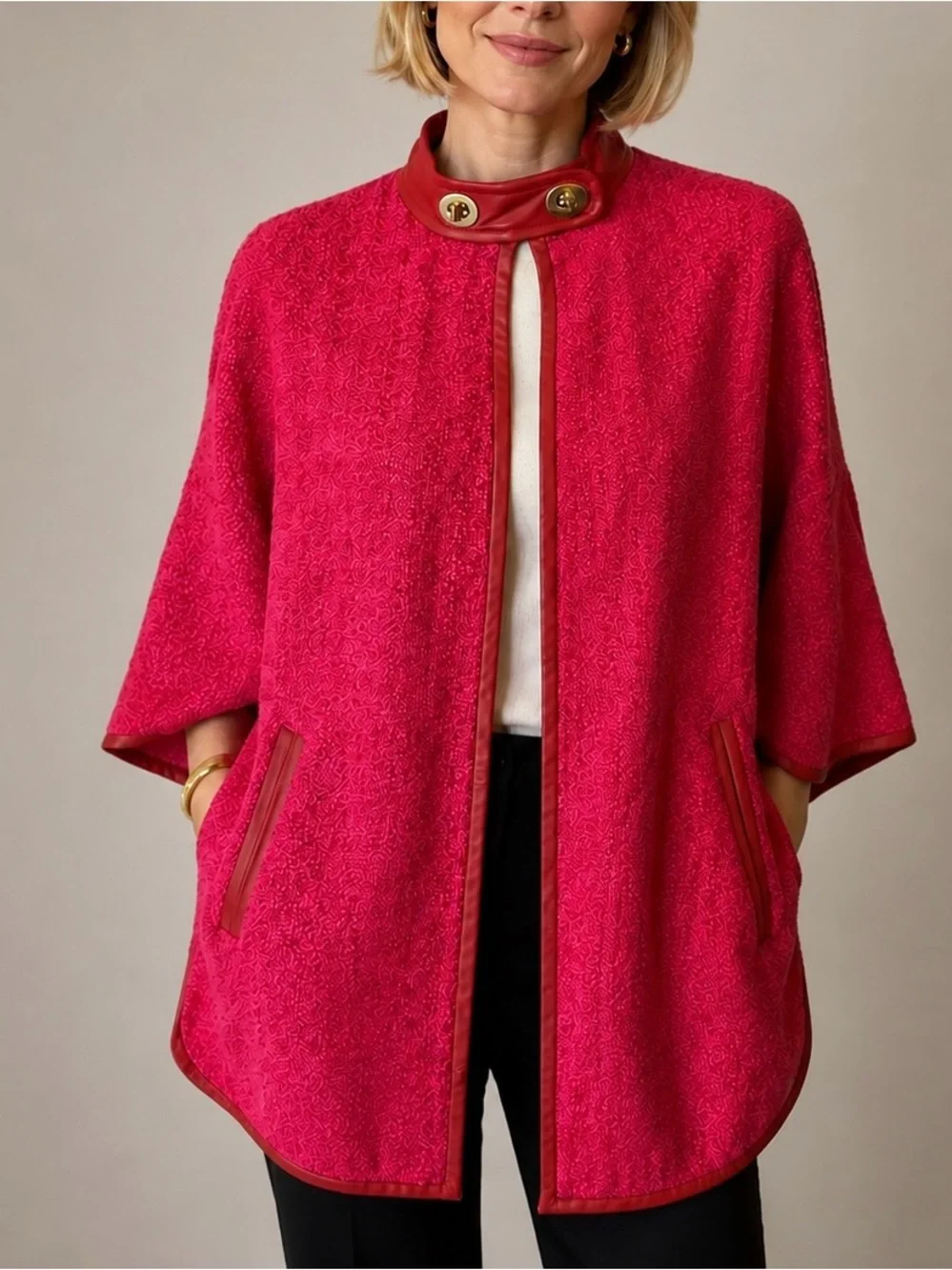 Coach Pink Short-Sleeve Bouclé Sweater Jacket with Leather Trim Small
